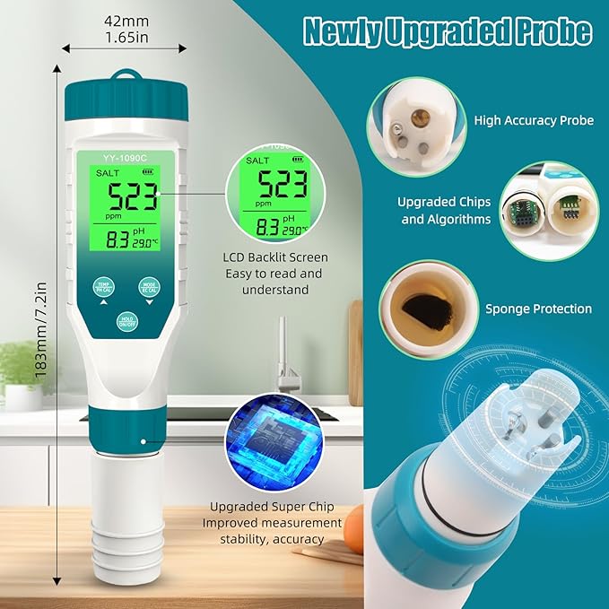 PH Meter for hydroponics & Spa Salt Tester – 5‑in‑1 pH, Salinity, TDS, EC & Temp Meter with 12.88 mS/cm Calibration – Saltwater Pool, Hot Tub & Aquarium Water Quality Monitor