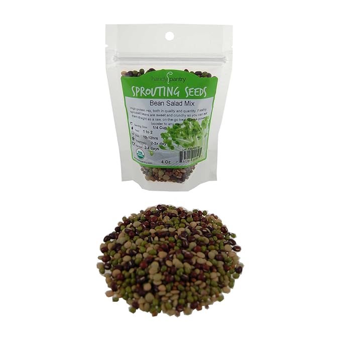 Bean Salad Sprouting Seed Mix- Organic- 1/4 Lbs (4 Oz.) - Mix of Bean Sprout Seeds: Adzuki, Mung Bean, Green Lentil & Radish. for Sprouting Sprouts, Soup, Food Storage