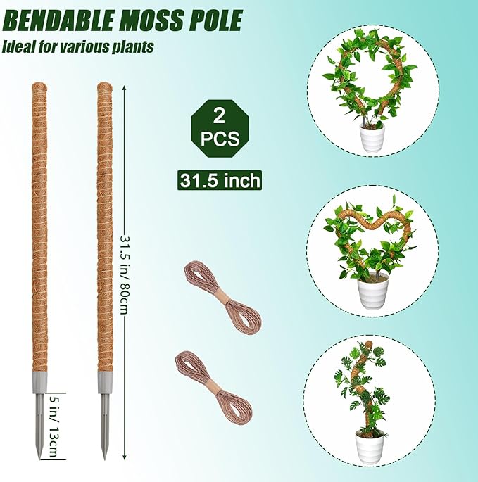 4 Pack Moss Pole, 31.5 Inch Moss Poles for Climbing Plants Monstera, Bendable Coir Plant Stakes for Potted Plants, Philodendron, Pothos (31.5" x 4pcs)