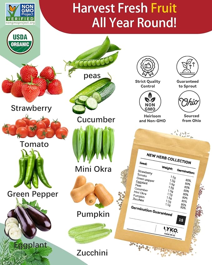 LYKOCLEAN 8-pod Fruits Seeds Pod Kit for AeroGarden, iDOO, Ahopegarden Hydroponics Growing System, 350+ Seeds (Include Red Strawberry, Tomato, Green Pepper, Eggplant, Peas, Cucumber, Okra, Pumpkin)