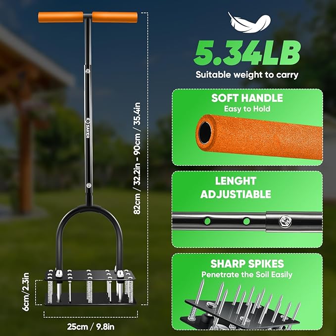 Saker Manual Lawn Aerator Tool, with 15 Iron Spikes Adjustable Height, Double-Layer Spring, Heavy-Duty Iron Lawn Aerator Tool with Gloves for Loosening Soil Aerating Patio, Yard, Garden Orange