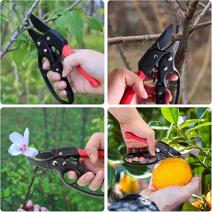 MEPEREZ Ultra Sharp Germany Steel Pruning Shears - Cuts 3X Easier, Weak Hand Arthritis Snips, Rust-Resistant, Effortlessly 1-Inch Cut Capacity Garden Scissors, Ergonomic Handle (Reddish balck)
