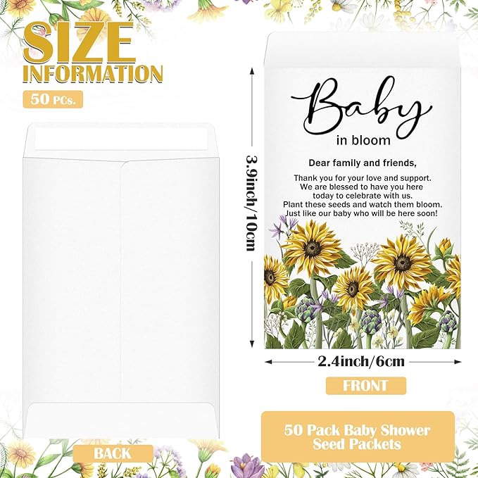 Fumete 50 Pcs Baby Shower Seed Packet Self Adhesive Kraft Envelopes Baby in Bloom Seed Storage Packets Mini Kraft Retro Paper Organizer for Gender Reveal Party, No Seeds(Sunflower)
