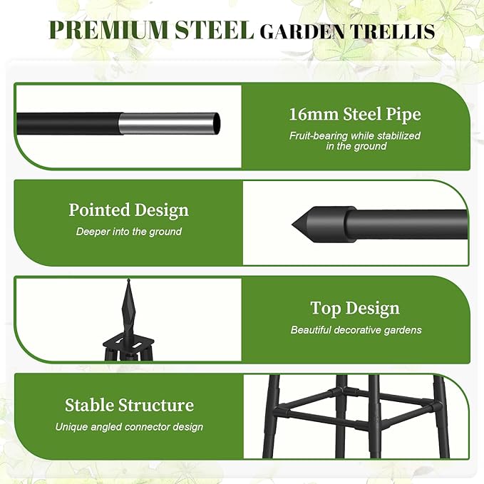4 FT Obelisk Trellis for Climbing Plants,Garden Trellis with Extra Thickened Plastic-Coated Metal Pipes, Outdoor & Indoor Garden Support for Potted Plants, Black