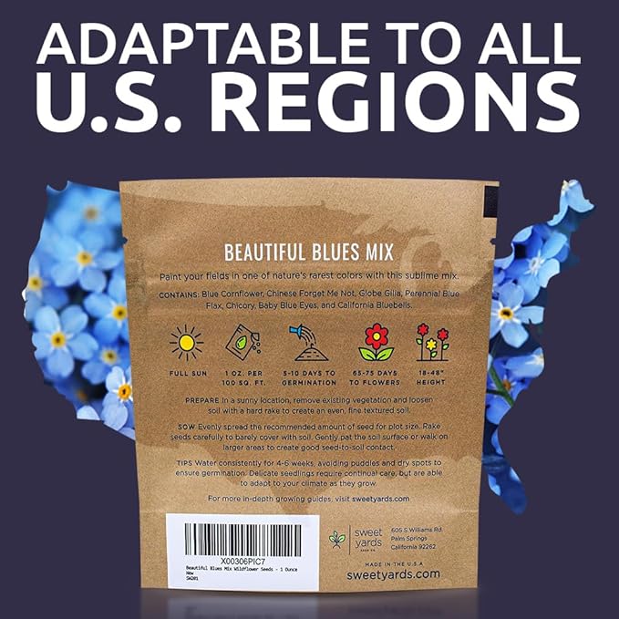 All Blues Wildflower Seeds Mix - Large 1 Ounce Packet - Over 7,500 Annual and Perennial Flower Seeds