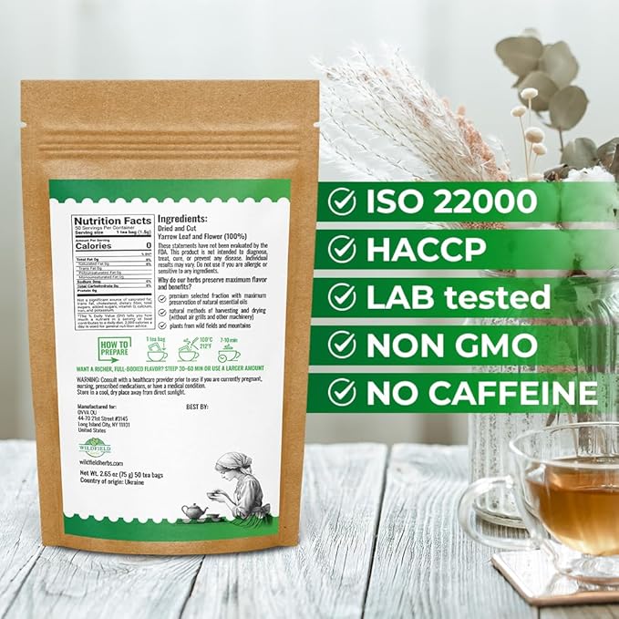 50 Bags Yarrow Herb Dried Yarrow Leaf & Flower Herbal Tea (Achillea Millefolium Tea) - 50 Count 1.5g Bags Herb Tea Milenrama Hojas