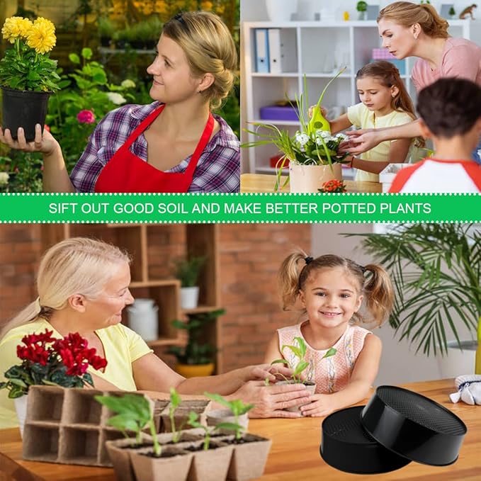 2 Pcs Round Garden Soil Sieve Pan with Handle Sand Sifter Set for Sieve Work of Small Gravel, Soil, Sand（Black）