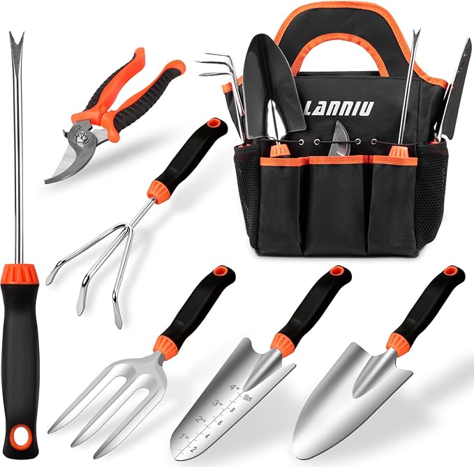 Garden Tool Set - 7 Piece Heavy Duty Stainless Steel Gardening Hand Tools with Floral Tote Bag, Non-Slip Rubber Grip, Gardening Kit Gifts for Women Mom