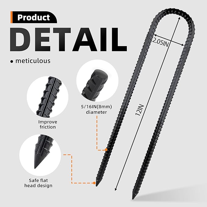 Garden Stakes Galvanized Steel, 12IN U Hook Ground Anchors Heavy Duty Rebar Stakes for Outdoor Decorations, Tent, Fencing and Landscape 8 Pack