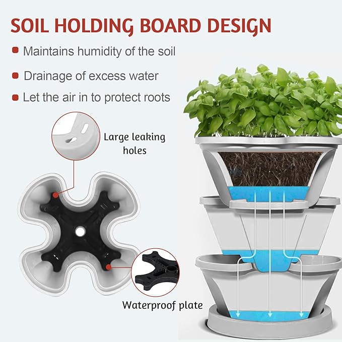 7 Tier Vertical Strawberry Planter-Tower Stackable Herb Planters-Stacking Garden Outdoor Planter Pot with Tools Mover for Flowers, Vegetables and Succulents, Light Grey