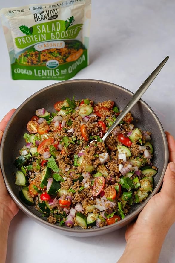 BeanVIVO 6-Pack Salad Protein Booster - Organic Lentils & Quinoa, fully cooked and seasoned, delivering a burst of taste and 10g of protein-packed goodness in every pouch 5oz