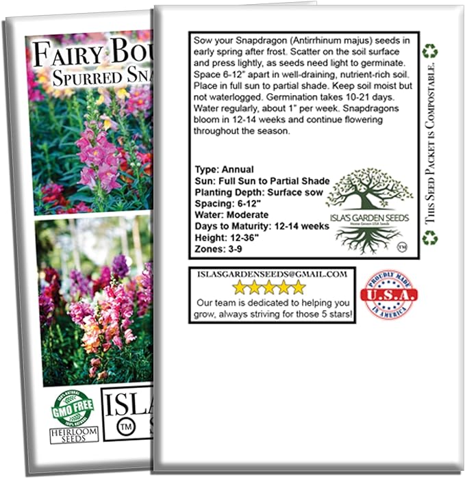 Fairy Bouquet Snapdragon Flower Seeds – 2000+ Non-GMO & Heirloom Seeds by Isla’s Garden Seeds, Spurred Variety with Whimsical Blooms, Ideal for Borders, Pollinator Gardens & Bouquets, Gardening Gift