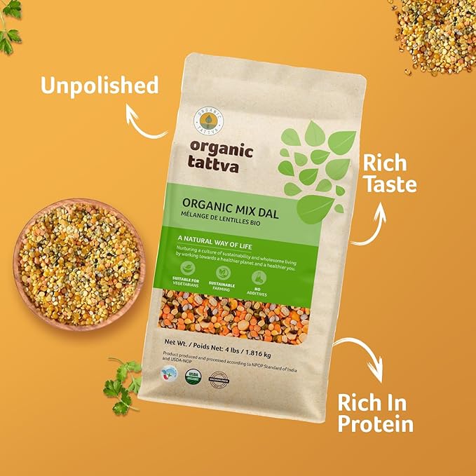 Organic Tattva Mix Dal (4 lbs) - Unpolished Lentils Organic, Gluten Free, Vegan & Kosher - High Protein Split Beans, Peas, Lentils Dry Mix - Pure Plant Based Nutrition - USDA Certified Legumes