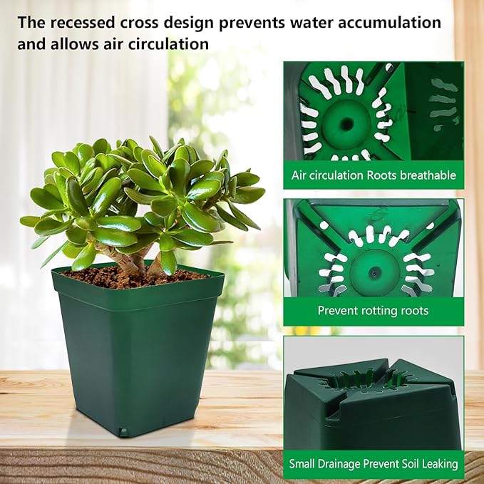 Square Nursery Pots Clearance (2.7", 3", 3.5", 4") with Drainage Holes 20 Pcs, Plastic Seed Starting Pots, Sturdy and Durable Seedling Pots for Planting, Cuttings and Transplanting, Green