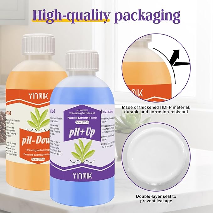 YINMIK General Hydroponics pH Up Down Liquid, pH Control kit Adjust pH Levels, 500ml Premium Buffering Solution for pH Stability,Suit for All Hydroponics Systems, Both for Soil and Water