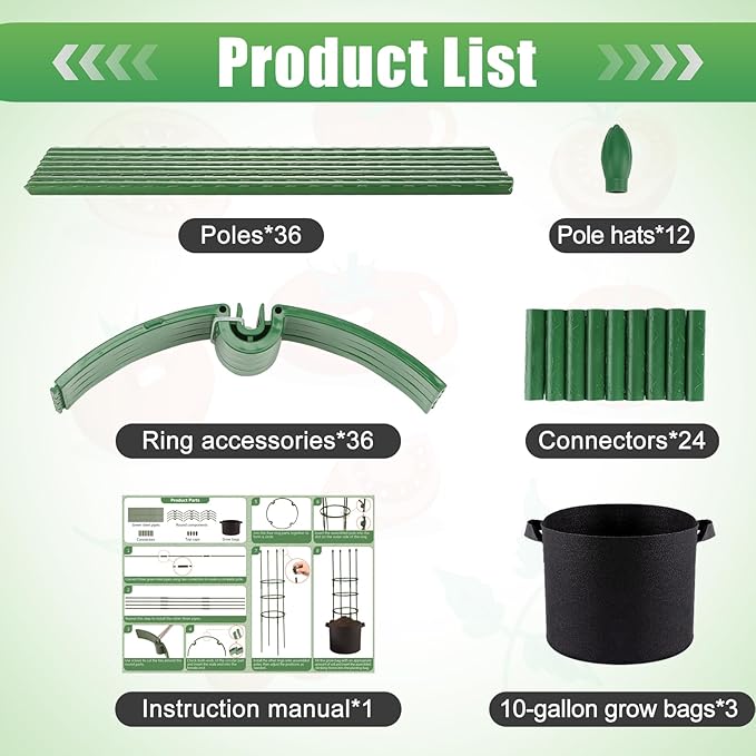 3 Sets Tomato Cages with 10-Gallon Sturdy Grow Bags, 48.5" Planter Support Trellis Pots Kit for Garden, Flowers Vegetable Cages for Cucumbers Eggplants Vertical Climbing Plants Vines