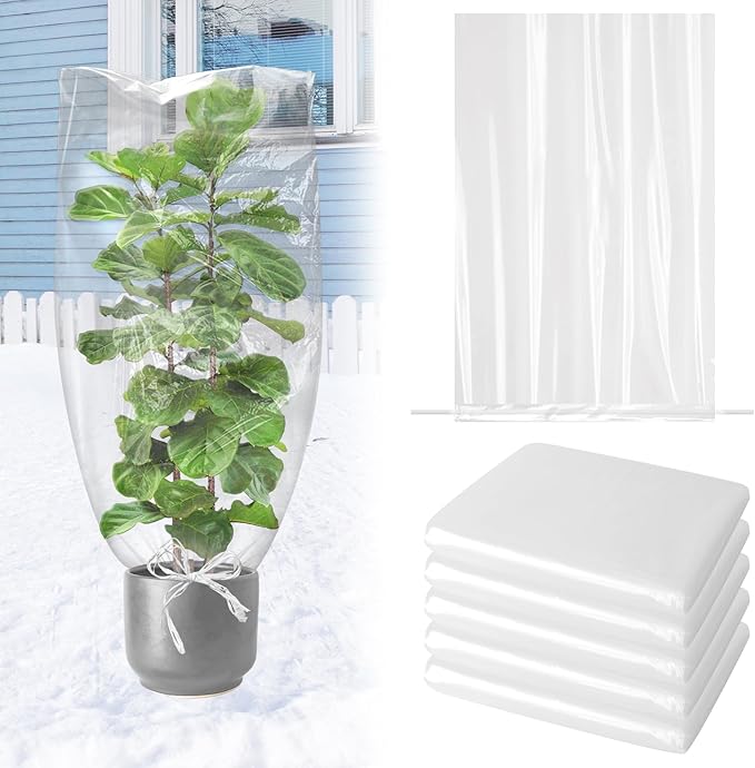 UNIFAMILY 5PCS Plastic Plant Covers Freeze Protection with Drawstring, Plant Shelter Bags Waterproof, 40 x 27 in Plant Frost Protection Covers, Outdoor Plant Cover for Winter Freeze Protection