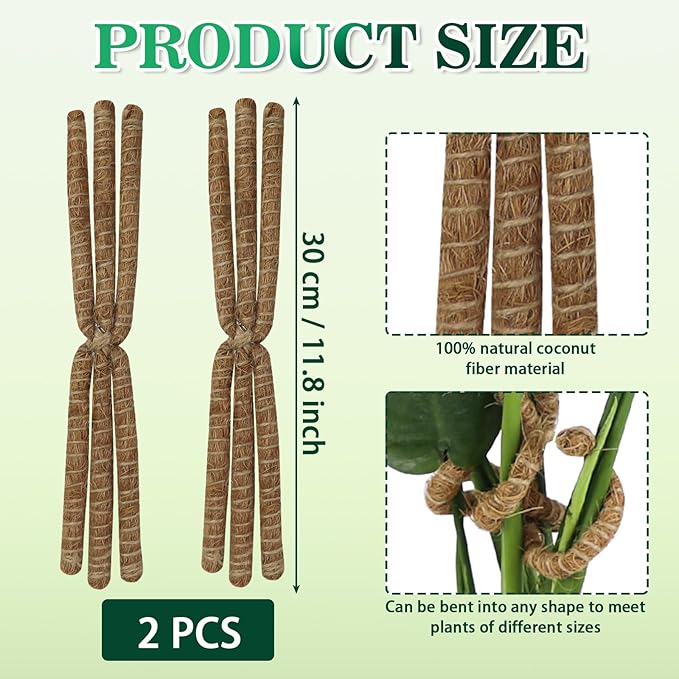 2PC Bendable Plant Climbers Stem Holders, 11.8 Inch Natural Coconut Fiber Climbing Houseplant Monstera Stem Supports, Reusable Flower Plant Stakes Trellis Stem Growth Accessories for Plant Indoor
