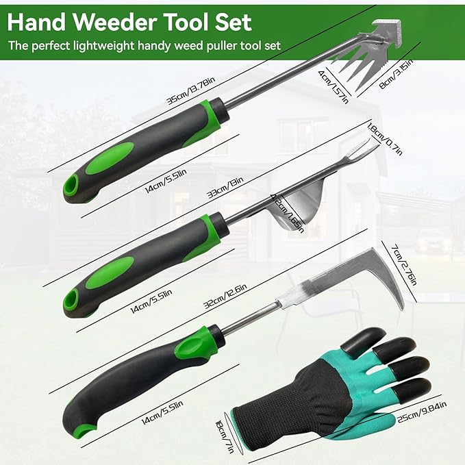 Hand Weeder Tool Set, Portable Garden Weeder Puller for Lawn & Garden with 4-Claw Digger, Crack Weeder and Ergonomic Rubber Handle Manual（3 Pcs）