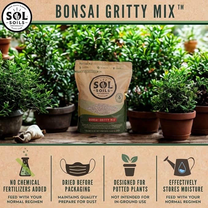 Sol Soils Bonsai Potting Mix - Fast Draining, Gritty, Peat Moss Free - 1 Quart - Pine Bark, Granite, Pumice, Calcined Clay