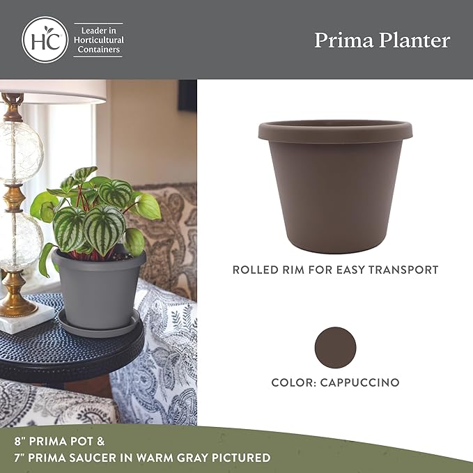 The HC Companies Prima Round Plastic Plant Pot w/Rolled Rim - Lightweight & UV Resistant Flower Pot for Herbs & More - Outdoor & Indoor Plant Pots w/Drainage (8 inch, Cappuccino, Pack of 1)