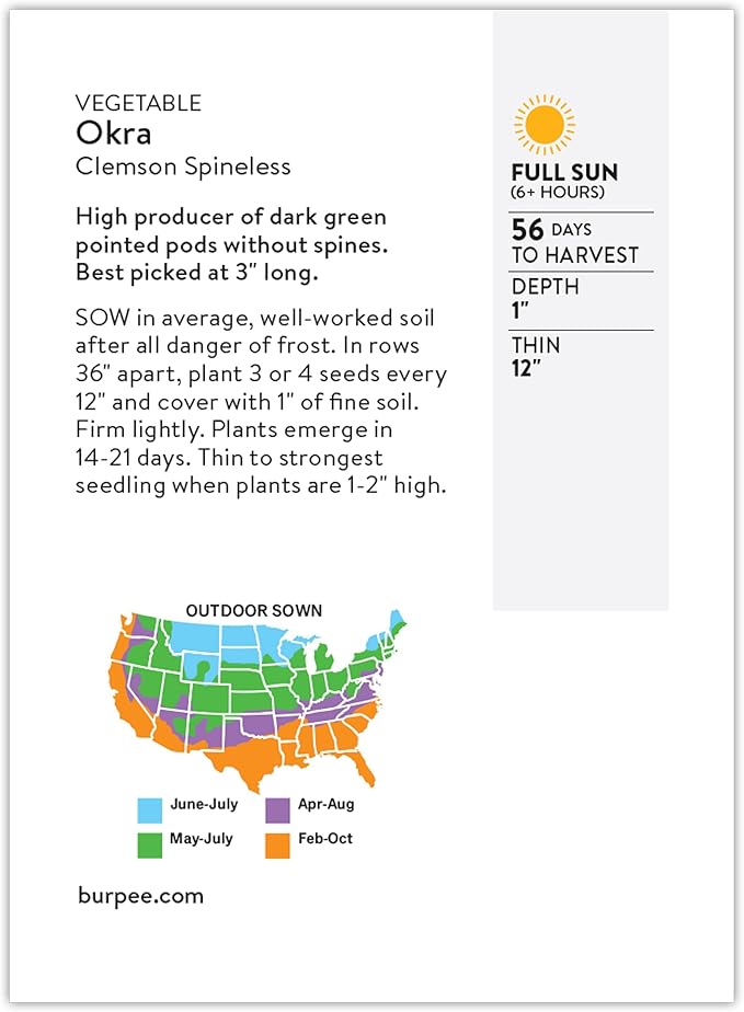 Burpee Clemson Spineless Okra Seeds - Classic High-Yield Variety