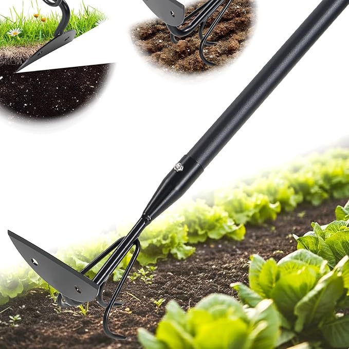 65'' Hoe and Cultivator Garden Tool - 2 in 1 Heavy Duty Garden Hoe for Weeding,Soil Loosening,Sharp Blade,Long Handle Claw 3-Tine Hand Tiller Rake for Gardening