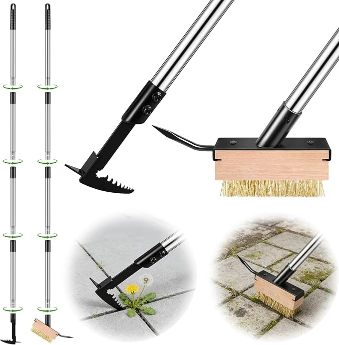 Crack Weeder Tool Set - Upgraded & Lengthened Manual Manganese Steel Crevice Weeding Tool with Adjustable Handle for Moss Weed Removal in Driveways, Patios, Pavers, Garden Cracks