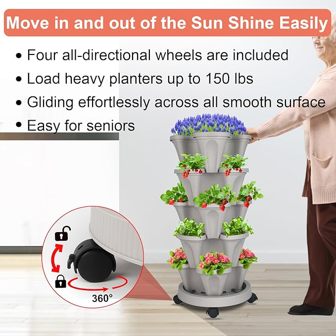 DUNCHATY Stackable Vertical Garden Planter with Wheels and Tools, Self-Watering Indoor/Outdoor 5-Tier Herb Planter for Growing Vegetables and Succulents, Gray