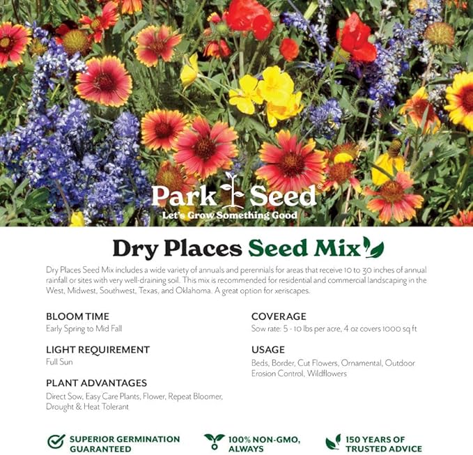 Park Seed Grow Your Own Vibrant Annual and Perennial Wildflower Garden Mixture, Easy to Grow Varieties for Pollinators and Spring Gardens - Dry Places Mix, 1/4 lb