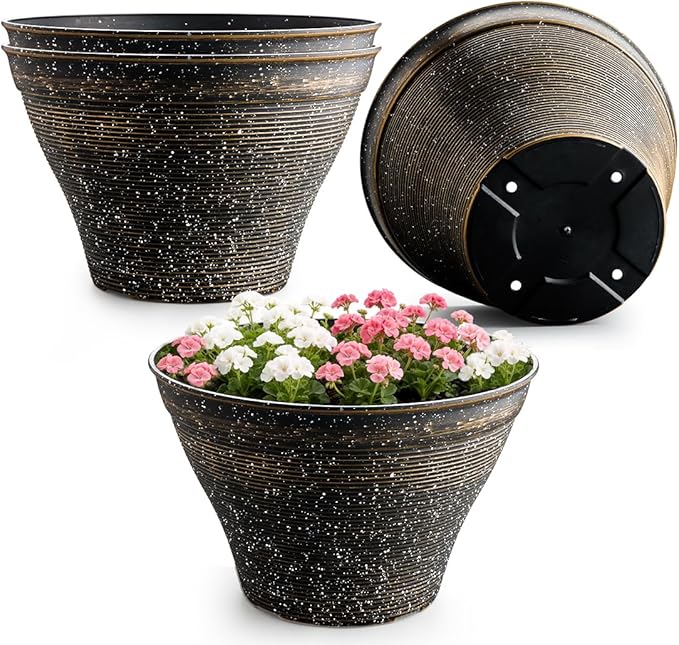 15.7 Inch Plant Pots 4 Pack, Large Planter Pots for Plants Indoor Outdoor, Sturdy Plastic Flower Pots with Drainage Hole, Retro Decorative Garden Pots, Plant Containers for House, Black