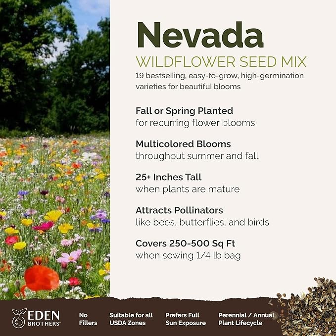 Eden Brothers Nevada Wildflower Mixed Seeds for Planting, 1/4 lb, 120,000+ Seeds with Yarrow, Cosmos | Attracts Pollinators, Plant in Spring or Fall, Zones