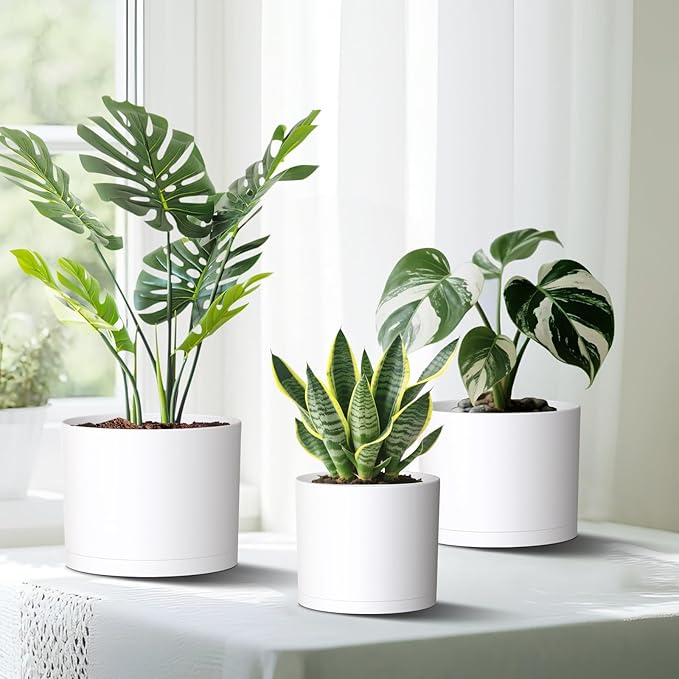 10/9/8 Inch Large Plant Pots with Drainage Holes and Trays, 3 Pack Modern Minimalist Cylinder Planters for Monstera, Snake Plant, Indoor Outdoor (Matte White)