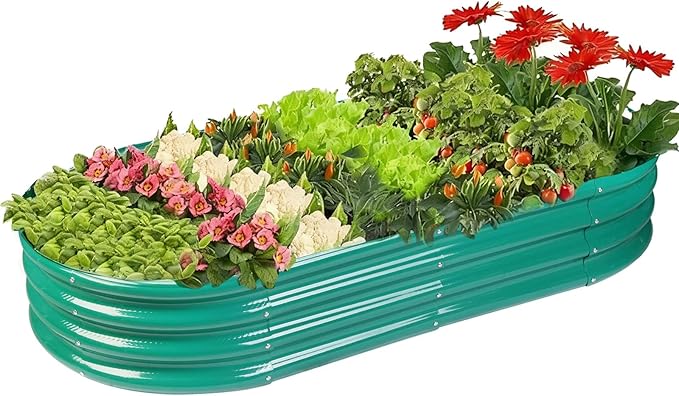 Raised Garden Bed GRS Certified Galvanized Planter Box Outdoor, 5ft Oval Rot-Resistant Metal Garden Bed Planter, Recycled Material Planter for Vegetables Flowers Herbs (Green)