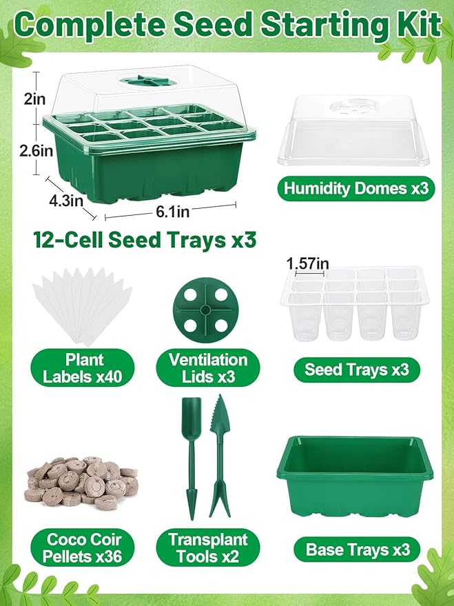 Apipi 3 Pack Seed Starter Kit with 36 Coco Coir Pellets - 36 Cell Seed Starter Trays with Domes for Indoor Greenhouse Germination, Home Gardening System for Vegetables/Herbs/Flowers