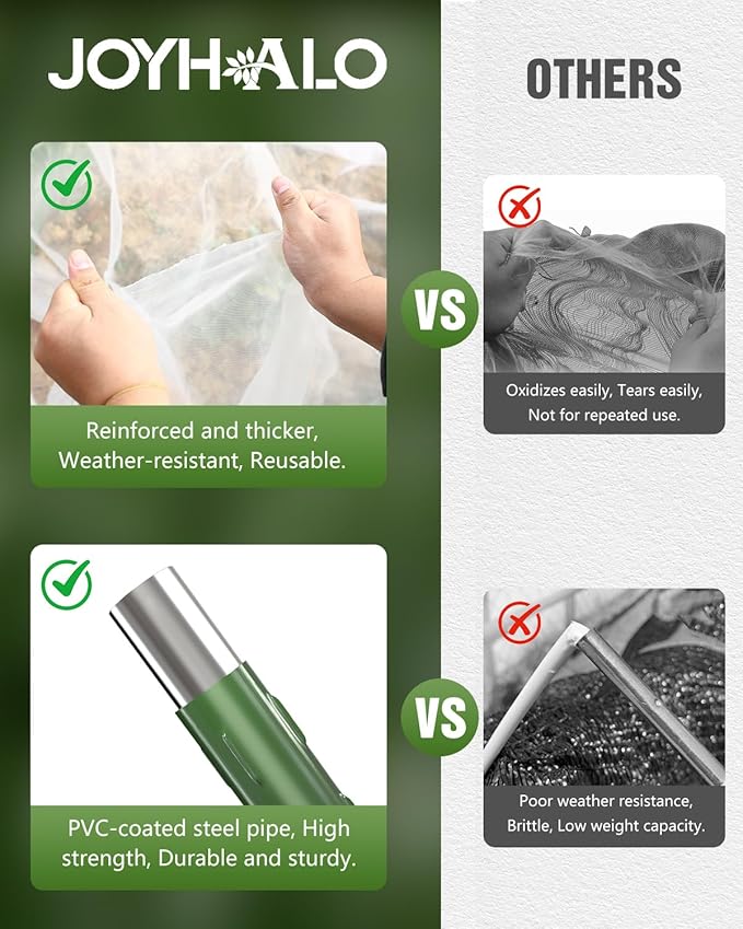 joyhalo Garden Netting for Raised Beds, 6 Sets Garden Hoops with for Raised Beds 10x30 Ft Garden Net, Bird & Cicada Net for Trees, Garden Mesh Netting for Greenhouse, Vegetable, 18 Clips Included