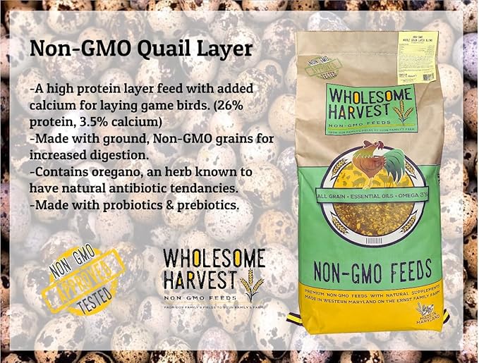 Wholesome Harvest Non-GMO Quail Layer Feed 26% - Premium 10 lb Food for Laying Birds, Button Food