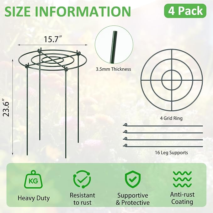 Pelopy 4 Pack 15.7" D x 23.6" H Heavy Duty Peony Cages and Supports, Metal Plant Support Stakes, Flower Support Hoops for Outdoor Garden Roses, Tomatoes, Hydrangeas, Peonies, Sage, Cucumbers
