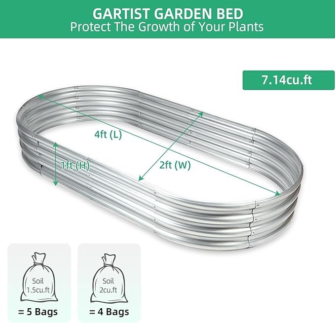 Gartist 4x2x1 Ft Galvanized Raised Garden Bed with Open Bottom, Outdoor Thickening Oval Planter Box for Herbs, Vegetables, Fruits