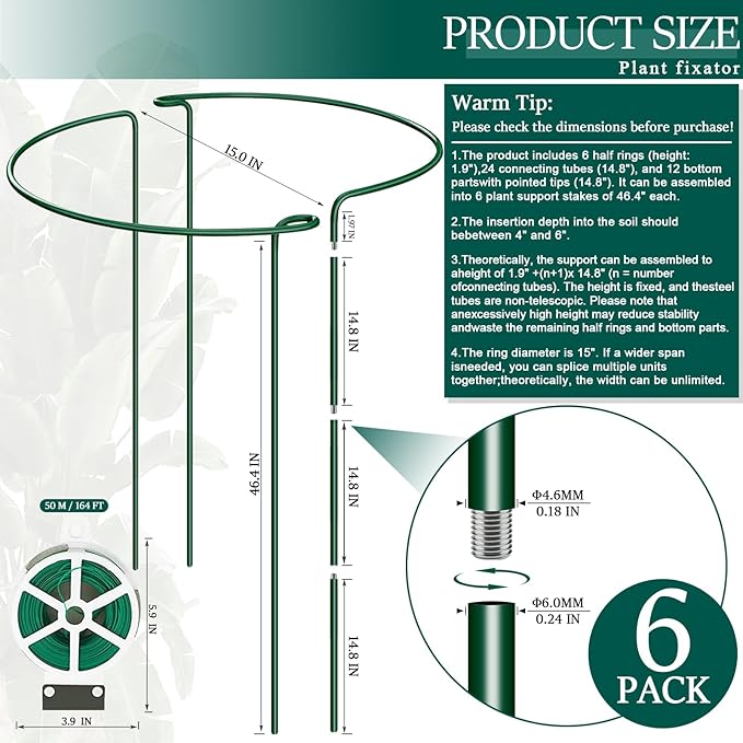 6-Pack 46.3” Plant Support Stakes, Steel Plant Cage & Peony Tomato Hydrangea Cage, Garden Stakes for Outdoor Plants, Heavy-Duty Plant Stakes, 16.7” Support + 29.6” Extension Tubes