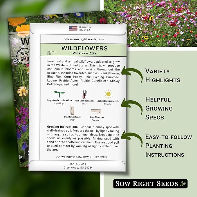 Sow Right Seeds - Wildflowers Seeds Mix for Planting in West - Non-GMO Heirloom Varieties to Grow a Wild Flower Garden - Perennial and Annual Flowers to Attract Pollinators - Colorful Blooms (1)