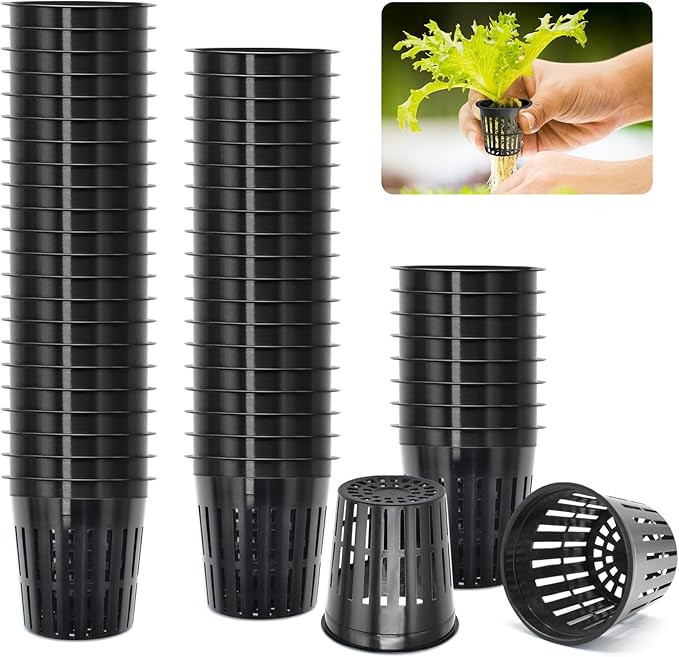 ZeeDix 2 Inch Net Pots for Hydroponics, 50 Pack Mesh Net Cups Hydroponic Baskets Plant Nursery, Reusable Heavy Duty Wide Lip Round Bucket Basket for Plants