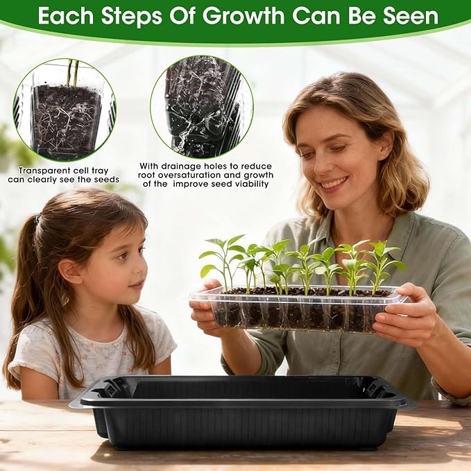MQUPIN 80-Cell Seed Starter Tray with Grow Light, 2-Pack Adjustable Brightness Seed Starter Kit with Humidity Dome,Smart Timer,Watering Sprayer,Seeder,Plant Germination Kit for Seeds Growing