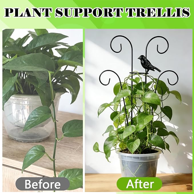 14.2 inch Small Trellis for Potted Plants, 2 Pack Rustproof Metal Plant Trellis for Climbing Plants Indoor, Sturdy Houseplant Support with Bird Ornament for Ivy, Pothos, Hoya, Vine (2 Pack)