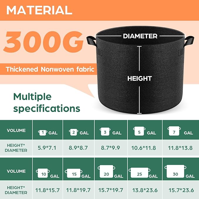 5 Pack 1 Gallon Grow Bags, Thickened Nonwoven Fabric Planter Pots with Handles, Heavy Duty 300G Garden Pots for Tomato, Potato and Vegetable