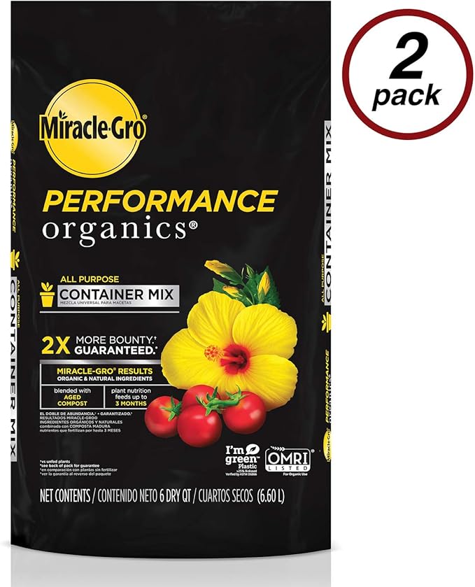 Miracle-Gro Performance Organics All Purpose Container Mix, 6 qt. - Organic, All Natural Plant Soil - Feed for up to 3 Months - All-Purpose Formula for Vegetables, Flowers and Herbs, 2-Pack