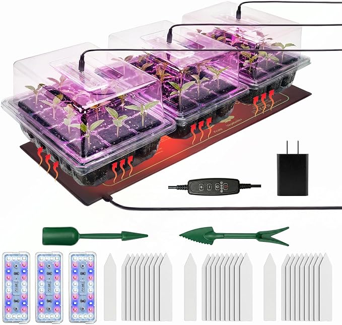 Seed Starter Tray 3 Pack with Heating Mat & 24 Full Spectrum LEDs Grow Light – Auto cycle Timer, Humidity Dome Ventilation Cover, Drainage Holes, Includes Gardening Tools – Transparent version