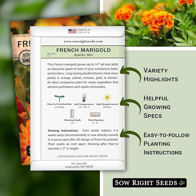 Sow Right Seeds - Sparky Marigold Seeds to Plant - Non-GMO Heirloom Seed Packet with Instructions - Medium Sized French Mix - Attract Bees and Butterflies, Deter Mosquitoes - Companion Plant (1)