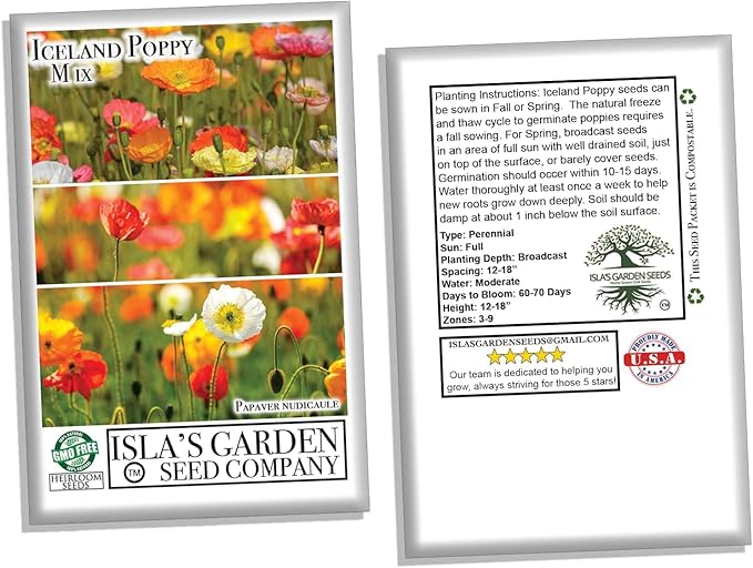 Iceland Poppy Seeds Flower Mix, 3000 Heirloom Flower Seeds Per Packet, Non GMO Seeds, Botanical Name: Papaver nudicaule, Isla's Garden Seeds
