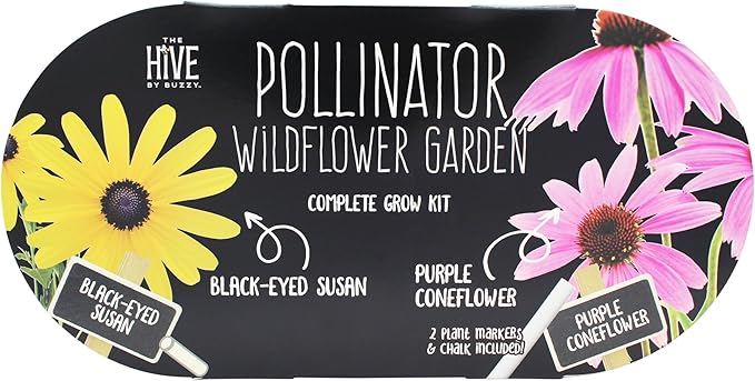 BUZZY Seeds Pollinator Garden Grow Kit with 2 Galvanized Metal Pots, Black-Eyed Susan and Coneflower Seeds, Growing Medium, Plant Markers, Chalk and Easy Instructions, Great Gift for Plant Lovers